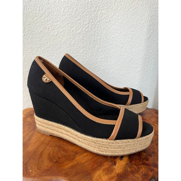 Tory Burch Majorca Black Canvas Wedge Espadrille Heels Women Size EU 35.5/US 5.5 - Picture 2 of 9